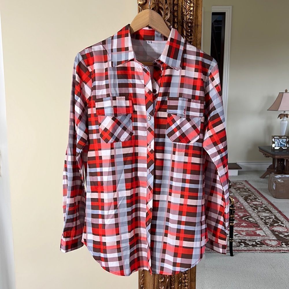 Plaid Long Sleeve Button Down Blouse Split Shirt Size Large Orange / Blue